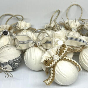 Shabby Chic Ivory Gray Linen Christmas‎ Ornaments 2.5" LOT of 10
